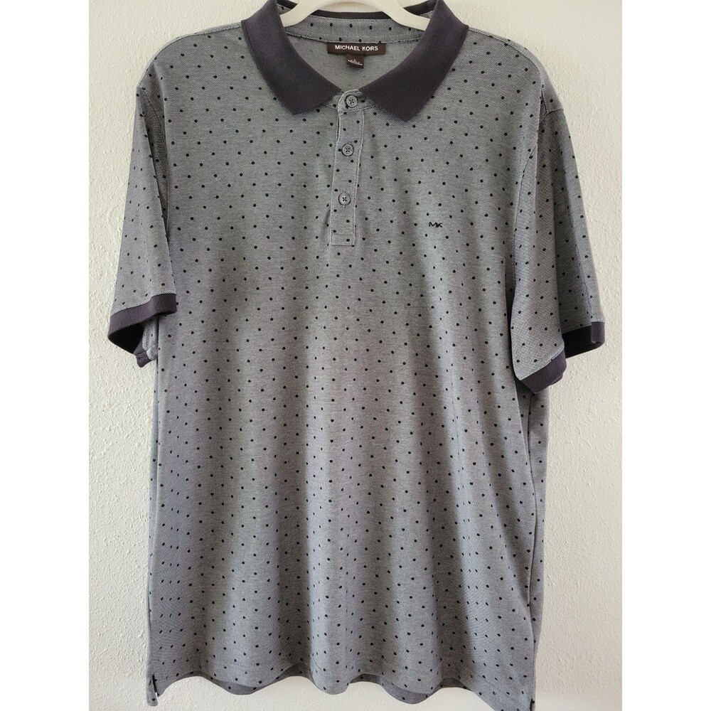Michael Kors Mens Polo Shirt L Gray Polka Dot Short Sleeve Button Designer NWT - Picture 2 of 13